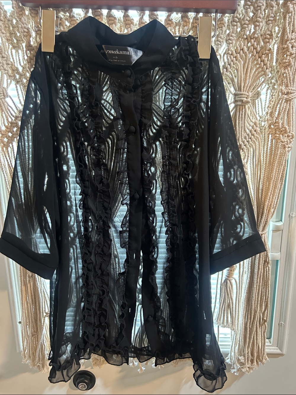 Norma Kamali Sheer Black Ruffled Button-Front Robe